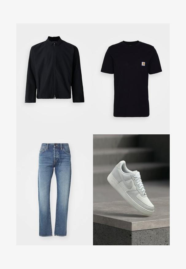 Schwarze Zip-Jacke mit Kragen, langen Ärmeln und cropped Design. Das Material scheint glatt zu sein, ohne sichtbare Muster oder Akzente.; Schwarzes Baumwoll-T-Shirt mit kurzen Ärmeln, rundem Hals und einer Brusttasche, die mit einem kleinen, quadratischen Logo-Patch versehen ist. Einfaches, einfarbiges Design.; Blaue Denim-Jeans mit geradem Schnitt, mittlerer Waschung, fünf Taschen und subtilen Ausbleichungen. Enthält einen klassischen Bund und Gürtelschlaufen.; Weißer Nike Air Force 1 Sneaker mit Mesh- und Lederpaneelen, Schnürsenkel gebunden, schwebt über einer Betonplatte vor einem unscharfen Hintergrund aus Treppenstufen.
