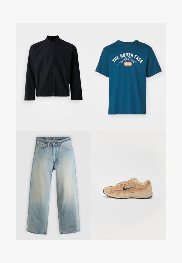 Chaqueta negra de cremallera con cuello, mangas largas y diseño corto. El material parece suave, sin patrones o acentos visibles.; The North Face M VARSITY GRAPHIC RELAXED SS TEE - Camiseta estampada - midnight petrol; Vaqueros de mezclilla de pierna ancha de color azul claro con un acabado desgastado. Presentan un diseño estándar de cinco bolsillos y cierre con botón metálico.; Zapatilla deportiva beige con materiales de malla y ante, silueta curva, suela negra, prominente logo plateado de Nike en el lateral y acentos texturizados.