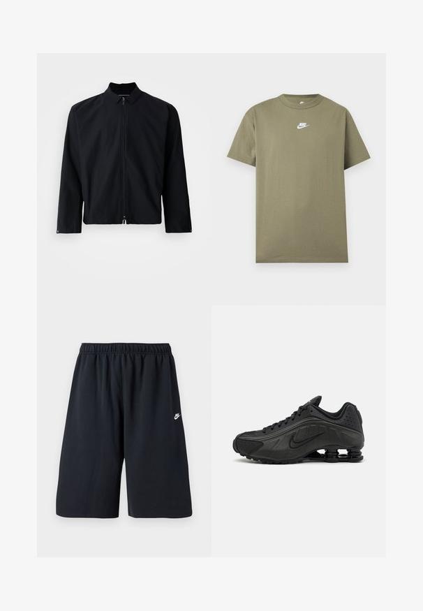 Čierna bundu na zips s golierom, dlhými rukávmi a skráteným dizajnom. Materiál sa javí hladký bez viditeľných vzorov alebo akcentov.; Olivovo zelené tričko Nike s krátkym rukávom a okrúhlym výstrihom s bielym logom na hrudi na jednofarebnom svetlosivom pozadí.; Čierne športové šortky s elastickým pásom, hladkou textúrou a malým bielym logom Nike na ľavom nohavici. Štandardná dĺžka.; Čierne bežecké topánky s hladkým syntetickým zvrškom, perforovanými akcentmi, textúrovanými bočnými panelmi a výraznou pružnou podrážkou.
