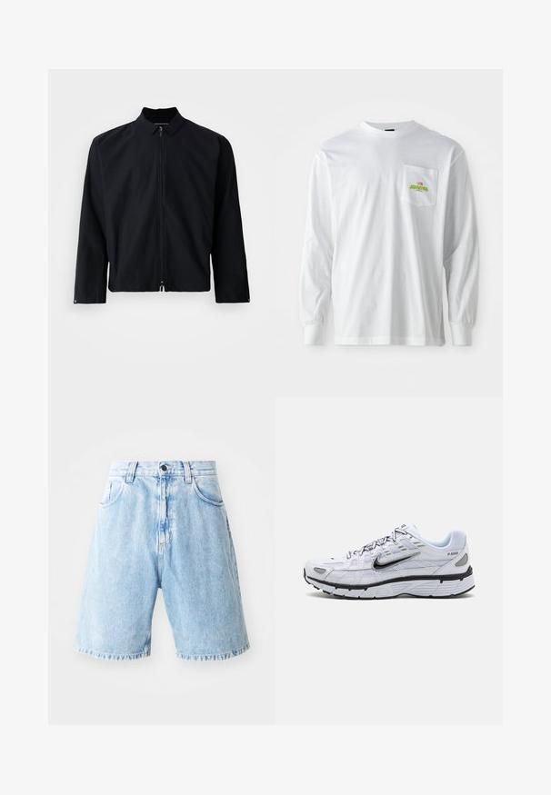 Chaqueta negra de cremallera con cuello, mangas largas y diseño corto. El material parece suave, sin patrones o acentos visibles.; Camisa de manga larga blanca con cuello redondo, con un bolsillo en el pecho que presenta un pequeño logo bordado colorido y texto.; Shorts de mezclilla azul claro con talle alto, que cuentan con dos bolsillos frontales, un cierre de botón y detalles de dobladillo deshilachado. Diseño de ajuste casual.; Zapatilla de running blanca con parte superior de malla, punta redondeada, acentos negros y una suela con patrón. Presenta cordones y una marca en el lateral.
