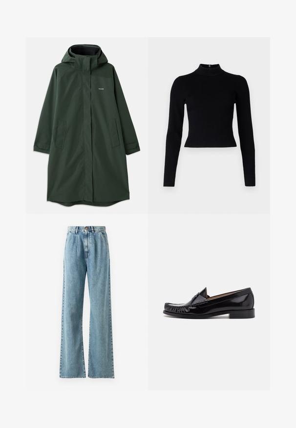 Manteau imperméable vert foncé avec capuche, doté d'une fermeture éclair à l'avant, de poches latérales et d'une coupe décontractée. Texture lisse, marque minimaliste.; Pull-over noir à col roulé côtelé avec des manches longues et une silhouette ajustée, présentant une texture lisse et un zip au dos.; Jean large taille haute bleu clair en denim, avec fermeture à bouton, plis marquants et poches cousues.; Mocassin en cuir noir avec une finition brillante, présentant des franges à l'avant et un petit talon empilé.