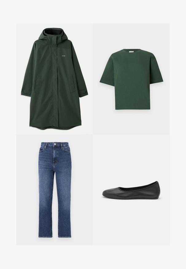 Manteau imperméable vert foncé avec capuche, doté d'une fermeture éclair à l'avant, de poches latérales et d'une coupe décontractée. Texture lisse, marque minimaliste.; T-shirt en coton vert avec une coupe décontractée, col rond et manches courtes. Texture lisse et design minimaliste.; Jean droit bleu en denim, avec taille haute, design à cinq poches et fermeture à bouton en métal à la taille.; Ballerines en cuir noir avec un bout rond, texture lisse, détails de couture minimalistes et design de semelle flexible.