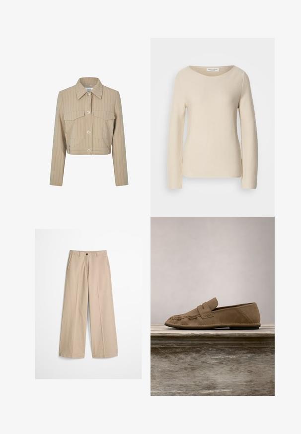Afkortet beige jakke med lodrette striber, to brystlommer, en spids krave og sølvknaplukninger foran.; Beige striktrøje med lange ærmer, rund halsudskæring og en glat tekstur. Etiketten er synlig ved halsen, med let ribbet detaljering.; Beige bukser med vide ben, forfløj, bæltestropper, knaplukning og en lille stofmærke på højre side af linningen.; Brun mokkalæder loafer svæver over en træbænk med grønne blade i den slørede baggrund.