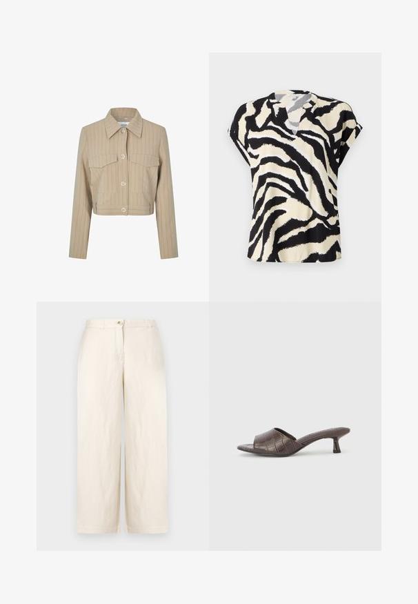 Afkortet beige jakke med lodrette striber, to brystlommer, en spids krave og sølvknaplukninger foran.; T-shirt med korte ærmer i let materiale med et sort og cremefarvet zebra-mønster, med en diskret V-udskæring og løs pasform.; Beige vidde bukser i letvægtsstof, med knaplukning, bæltestropper og rene kantede kanter. Glat tekstur og minimalistisk design.; Brune mule med hæl i krokodilletekstureret læder, åben tå og slank stiletthæl. Glat finish og minimalistisk design.