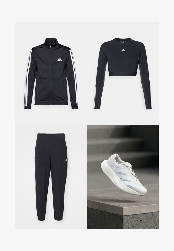 Sort atletisk jakke med høj krave, for-zip og hvide accentstriber langs armene. Har et broderet hvidt logo på brystet.; Sort cropped træningstop med lange ærmer lavet af glat stof. Har et hvidt logo på brystet og stribede detaljer på ærmerne.; Sorte træningsbukser lavet af et glat stof. Taperet design med elastiske manchetter. Har et lille hvidt logo på venstre hofte.; Hvid atletiksko med en struktureret overlæder, tre laterale striber, polstret sål og rundet tå, placeret over en betongulv.