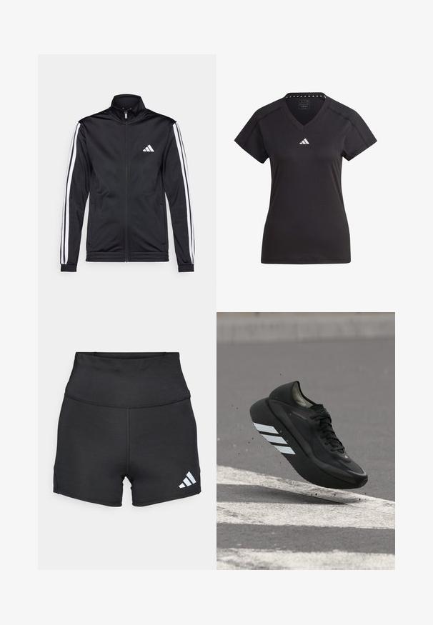 Sort atletisk jakke med høj krave, for-zip og hvide accentstriber langs armene. Har et broderet hvidt logo på brystet.; Sort atletisk T-shirt med V-hals, korte ærmer og hvidt logo på brystet. Har en struktureret krave med gentagne trekantede mønstre.; adidas Performance Tights - black; Sort løbesko med hvide striber på sålen, svævende over asfalt med hvide vejstriber og slynter små stykker op.