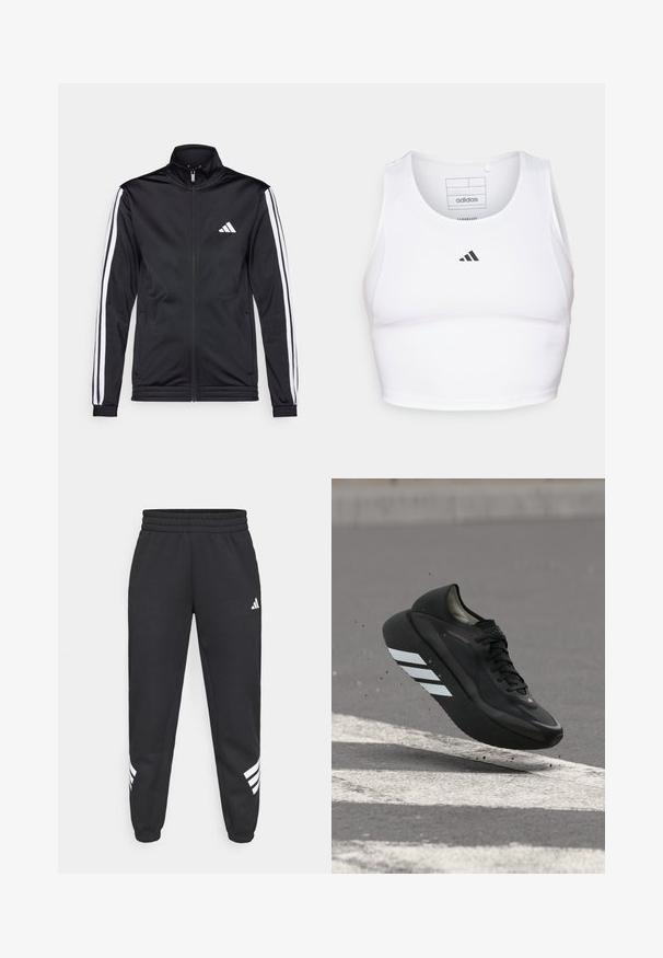 Veste de sport noire avec un col montant, fermeture éclair sur le devant et rayures blanches sur les bras. Elle présente un logo brodé blanc sur la poitrine.; Crop top de sport blanc en tissu léger et respirant. Présente des panneaux latéraux en mesh et un logo noir brodé sur la poitrine.; Pantalon de survêtement noir avec une taille élastique, des jambes fuselées et un design à trois bandes blanches sur les côtés. Fabriqué dans un tissu doux.; Chaussure de course noire avec des bandes blanches sur la semelle, flottant au-dessus de l'asphalte avec des marquages routiers blancs, soulevant de petits débris.