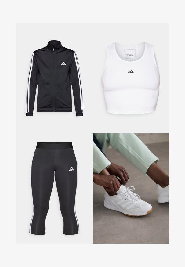 Sort atletisk jakke med høj krave, for-zip og hvide accentstriber langs armene. Har et broderet hvidt logo på brystet.; Hvid atletisk crop top lavet af letvægts, åndbart stof. Har mesh-sider og sort broderet logo på brystet.; Sorte capri leggings med en bred talje, udstyret med hvide sideløsninger og et hvidt Adidas-logo på venstre lår. Glat tekstur.; Hvid sportssko med en overdeles i mesh, gummisål og design med tre striber. Snørebåndene justeres; let grå og mintgrønne klæder synlige.