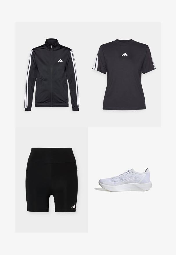 Sort atletisk jakke med høj krave, for-zip og hvide accentstriber langs armene. Har et broderet hvidt logo på brystet.; Sort atletisk T-shirt lavet af blødt stof, med rund halsudskæring, korte ærmer og tre hvide striber på hver skulder. Hvidt logo på brystet.; Sort højtaljet sportsshorts med en lille hvid Adidas-logo på nederste venstre ben og sidelommer på en ensfarvet baggrund.; Hvide sportssko med en åndbar mesh-overdel, snørebåndsdesign, polstret krave og en struktureret gummisål for bedre greb.