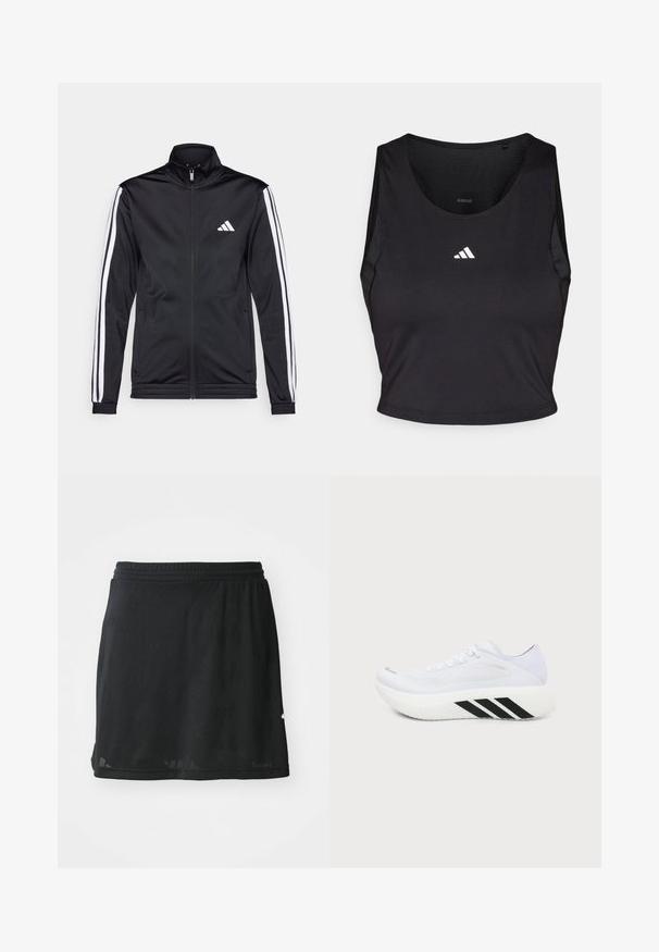Sort atletisk jakke med høj krave, for-zip og hvide accentstriber langs armene. Har et broderet hvidt logo på brystet.; Sort sports crop top lavet af fugttransporterende stof, med rund hals, ærmeløs design og hvidt logo på brystet.; Sort atletisk nederdel lavet af letvægts, struktureret stof. Har en bred, elastisk talje og et subtilt geometrisk mønster.; Hvid atletiksko med tyk sål, sorte diagonale striber på mellemsålen, mesh overdel og snørebånd, vist fra siden mod en ensfarvet baggrund.