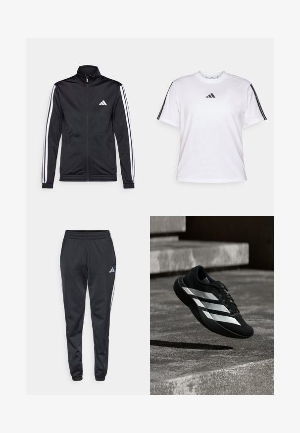 Chaqueta deportiva negra con cuello alto, cremallera frontal y franjas de acento blancas a lo largo de las mangas. Presenta un logo blanco bordado en el pecho.; Camiseta de algodón blanca con cuello redondo, mangas cortas y acentos de tres rayas negras en los hombros, con un logo de Adidas en el pecho.; Pantalones deportivos negros con cinturilla elástica, piernas ajustadas y rayas blancas a los lados. Presenta un pequeño logo gris de trébol en el muslo izquierdo.; Zapatilla de correr negra con tres rayas blancas suspendida en el aire sobre escalones de concreto, proyectando una sombra debajo.