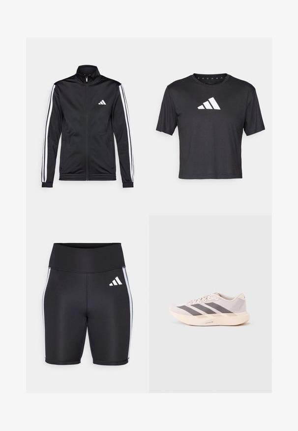 Zwarte sportjack met een hoge kraag, voorrits en witte accentstrepen langs de armen. Bevat een geborduurd wit logo op de borst.; Zwarte cropped t-shirt van gladde stof, met een witte Adidas-logo op de borst, ronde halslijn en korte mouwen.; Zwarte sportieve shorts met een hoge tailleband, witte zijstripes en een klein wit logo. Glad materiaal met een aansluitend ontwerp.; Lichtgewicht sportieve sneakers in lichtroze en grijs, met een bovenwerk van mesh, drie donkere strepen, en een dikke crèmekleurige zool met het opschrift "LIGHTSTRIKE PRO".