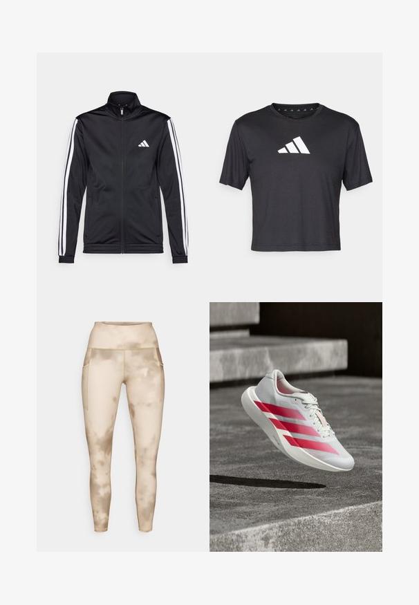 Sort atletisk jakke med høj krave, for-zip og hvide accentstriber langs armene. Har et broderet hvidt logo på brystet.; Sort cropped t-shirt lavet af glat stof, prydet med et hvidt Adidas-logo på brystet, rund halsudskæring og korte ærmer.; Beige leggings med skyer-lignende print, høj talje, sidelommer og glat tekstur, designet for komfort og bevægelsesfrihed under aktiviteter.; Hvid løbesko med tre markante røde striber, i luften over betontrin, der fremhæver letvægtsdesign og tekstureret sål.