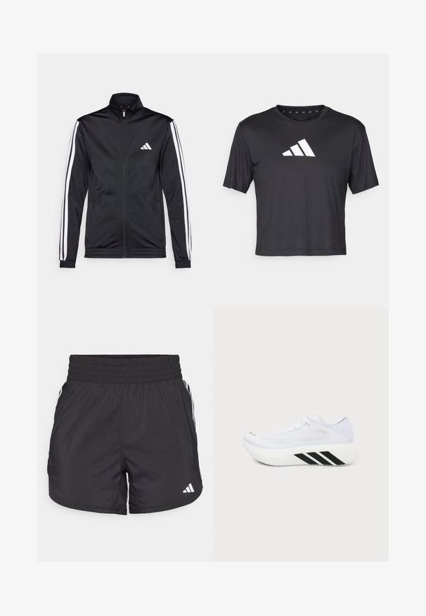 Veste de sport noire avec un col montant, fermeture éclair sur le devant et rayures blanches sur les bras. Elle présente un logo brodé blanc sur la poitrine.; T-shirt noir court en tissu lisse, avec un logo Adidas blanc sur la poitrine, un col rond et des manches courtes.; Shorts de sport noirs avec une taille élastique, des poches latérales et des accents de rayures blanches sur les côtés. Fabriqués en matériau léger.; Chaussure de sport blanche avec une semelle épaisse, des rayures diagonales noires sur la semelle intermédiaire, une tige en mesh et des lacets, vue de profil sur un fond uni.