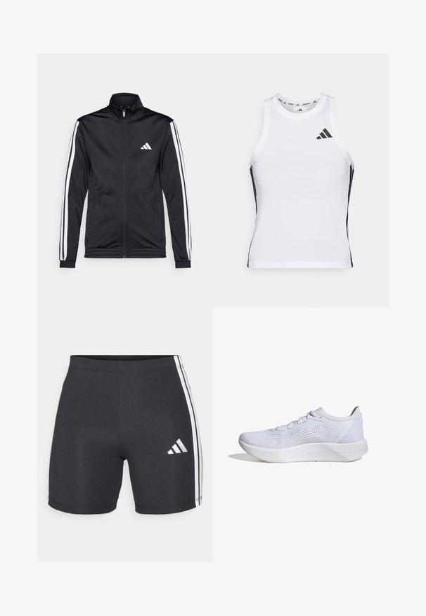 Sort atletisk jakke med høj krave, for-zip og hvide accentstriber langs armene. Har et broderet hvidt logo på brystet.; Hvid athletic tanktop med sorte sideaccentuer og logo. Har en scoop-neckline og tætsiddende design, lavet af letvægts, åndbart materiale.; Sorte atletiske shorts lavet af strækstof, præget af hvide sidelister og et Adidas-logo på den nedre højre ben. Glat tekstur.; Hvide sportssko med en åndbar mesh-overdel, snørebåndsdesign, polstret krave og en struktureret gummisål for bedre greb.