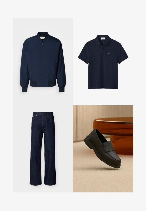 Marineblå bomberjakke lavet af glat, let stof med en frontlynlås, ribmede manchetter og kant. Har sidelommer med lynlås.; Marineblå kortærmet poloshirt med krave og to knapper, med en lille hvid "cK" logo på venstre bryst.; Mørkeblå, straight-leg denimjeans med fem-lommes design og knaplukning, vist på en ensfarvet lys baggrund.; Sort læderloafer med tyk sål, svævende over beige tæppe, med rundt brunt bord i baggrunden.