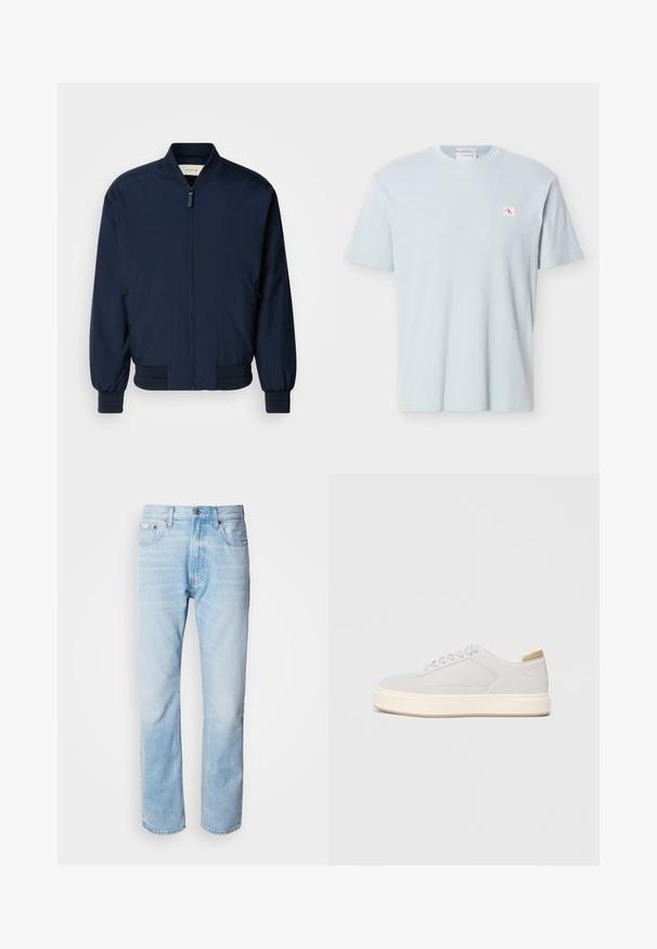 Chaqueta bomber de color azul marino hecha de una tela suave y ligera, con cremallera frontal, puños y dobladillo de canalé. Cuenta con bolsillos laterales con cremallera.; Camiseta de manga corta de punto waffle azul claro con cuello redondo y pequeño parche con el logo "CK" en rojo y blanco en el lado izquierdo del pecho.; Vaqueros de mezclilla azul claro con corte recto, con secciones desgastadas, diseño de cinco bolsillos y cierre de botones clásico.; Zapatillas gris claro con parte superior sintética lisa, puntera redonda y una suela intermedia texturizada en color crema. Detalles en color beige claro en el talón.