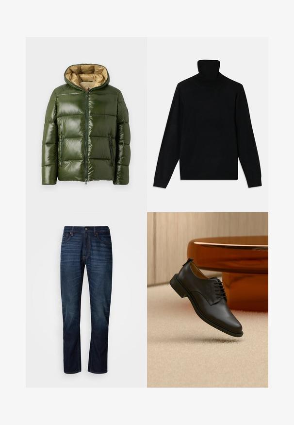 Veste doudoune verte avec une finition brillante, dotée d'une capuche, d'une fermeture éclair à l'avant, de deux poches zippées et d'une doublure intérieure beige.; Pull à col roulé noir, fabriqué en maille douce, avec des manches longues et une silhouette ajustée. Design simple, sans motifs ni accents visibles.; Jeans droits bleu marine avec des lignes horizontales décolorées sur les cuisses, fermeture à bouton à l'avant et design classique à cinq poches.; Chaussure habillée pour homme en cuir noir à lacets flottant au-dessus d'un tapis beige, avec une table basse ronde marron en arrière-plan.