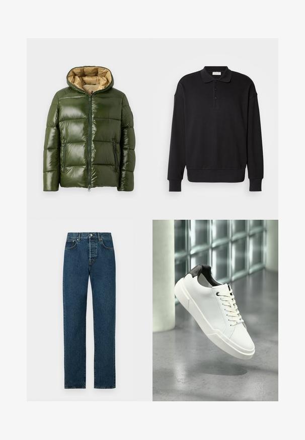 Veste doudoune verte avec une finition brillante, dotée d'une capuche, d'une fermeture éclair à l'avant, de deux poches zippées et d'une doublure intérieure beige.; Polo-shirt noir à manches longues, texture côtelée, patte de boutonnage à trois boutons, logo brodé sur la poitrine, poignets et ourlet ajustés. Matière douce en mélange de coton.; Jean en denim bleu foncé à coupe droite, fermeture avant par bouton et zip, passants pour ceinture, poches avant et surpiqûres contrastées.; Baskets basses blanches avec languette de talon noire texturée, lacets blancs et semelle épaisse sur un sol en béton poli près de blocs de verre.