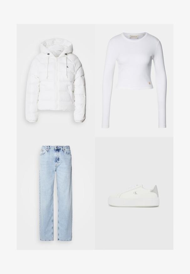 Calvin Klein Jeans LIGHTWEIGHT LOGO PUFFER - Zimná bunda - snow white; Biely dlhý rukáv top s krátkym strihom vyrobený z rebrovanej látky. Má okrúhly výstrih a malú logovú nášivku na dolnej ľavej strane.; Svetlomodré široké džínsy vyrobené z denimu, s vysokým pásom, vyblednutým umývaním a jemným vzorom batikovania na prednej strane.; Biele plátené tenisky s hrubou bielou podrážkou, so strieborným kovovým akcentom na päte a jemným logom na boku.