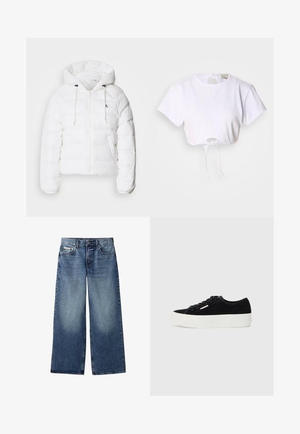 Calvin Klein Jeans LIGHTWEIGHT LOGO PUFFER - Zimná bunda - snow white; Biele skrátené tričko vyrobené z hladkej tkaniny. Má okrúhly výstrih, krátke rukávy a na spodnej strane je šnúrka na úpravu.; Modré široké rifle z denimu s predným gombíkom, zipsom, pútkami na opasok a dizajnom s piatimi vreckami, vrátane malého loga Calvin Klein na mincovníku.; Čierne kordúrové tenisky s bielou gumovou podrážkou. Majú okrúhlu špičku, šnurovanie vpredu a minimalizované logo na boku.