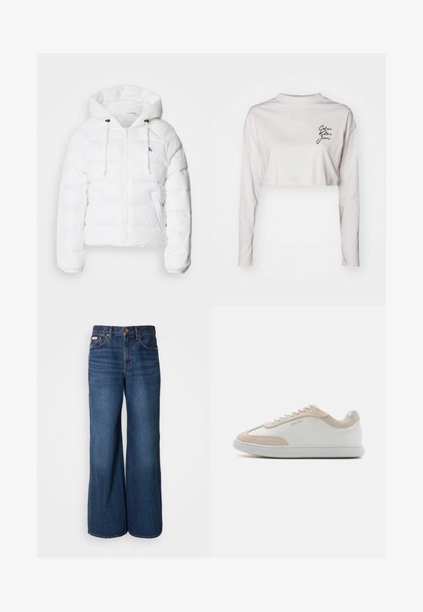 Calvin Klein Jeans LIGHTWEIGHT LOGO PUFFER - Talvejope - snow white; Lühi varrukatega heledast hallist puuvillast särk, millel on kõrge krae ja must "Calvin Klein Jeans" logo vasakul rinnal.; Tumedast denimist valmistatud laiade jalgadega teksad. Omavad kõrget vöökohta, viit taskut ning kontrastset oranži õmblust õmblustel.; Valged nahast tennisekad koos beežide soeakentega ja valgetest lipsudest. Omab ümarat varvaski ja pehmendatud tallatootet mugavuse tagamiseks.