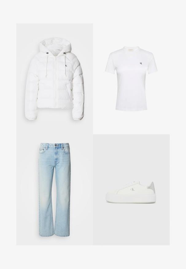 Calvin Klein Jeans LIGHTWEIGHT LOGO PUFFER - Talvejope - snow white; Valge lühikeste varrukatega T-särk pehmest kangast, ümmarguse kaelusega. Vasakul rinnal on väike must "ck" logo. Klassikaline lõige.; Heledad sinised laiad püksid, mis on valmistatud denimist, klassikalise viie tasku disainiga ja õrna tuhmumisega tekstuuriga. Denimõmblused on nähtavad.; Valged kangast tennisekingad paksu valge tallaga, millel on metallist hõbedane aksent kandadel ja tagasihoidlik logodetail küljel.