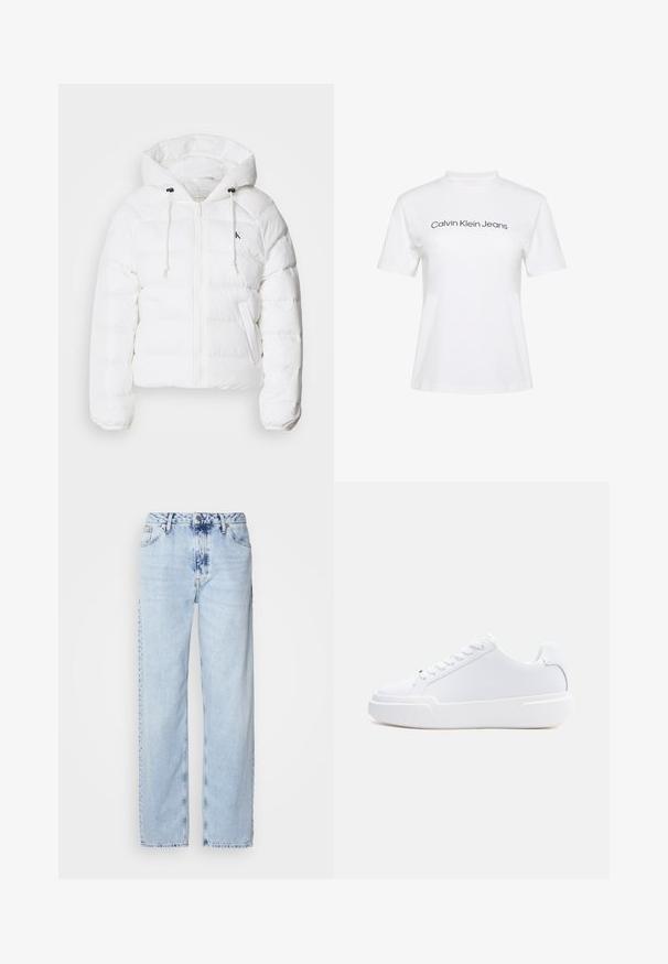Calvin Klein Jeans LIGHTWEIGHT LOGO PUFFER - Talvejope - snow white; Valge puuvillane T-särk laia kaelusega ja lühikeste varrukatega, millel on rinnal musta trükiga tekst "Calvin Klein Jeans".; Heledad sinise värvi laiad teksad, mis on valmistatud denimist, kõrge vöökoht, pleekinud pesu ja peen tie-dye muster ettepoole.; Valge madala säärega tenniskingad, millel on nööritav kinnitus, paks tald ja sile pealispind, nähtud välisküljelt heledal ühtlasel taustal.