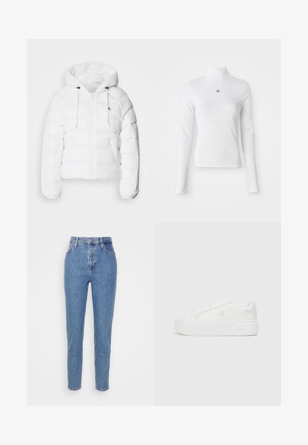 Calvin Klein Jeans LIGHTWEIGHT LOGO PUFFER - Zimná bunda - snow white; Dlhý rukáv, biely rolák vyrobený z ryhľovanej látky. Obsahuje malé vyšívané logo v strede. Priliehavý strih bez vzorov.; Modré vysoko sohnuté rovné nohavice s predným gombíkom a zipsom, pútka na opasok a vrecká, vystavené na jednoduchom bielom pozadí.; Biele platformové tenisky s hladkým koženým zvrškom, zaoblenou špičkou, bielymi šnúrkami a jemným detailom loga na boku. Plochá gumová podrážka.