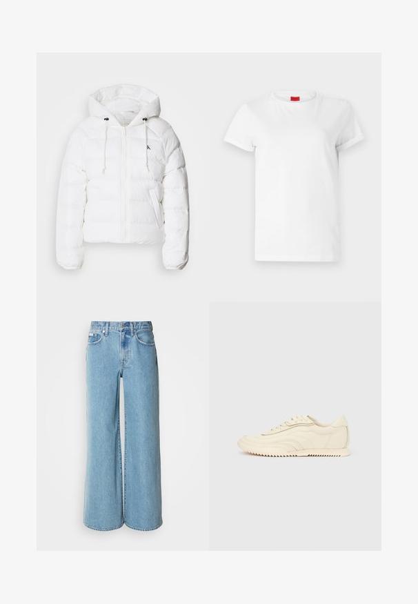 Calvin Klein Jeans LIGHTWEIGHT LOGO PUFFER - Zimná bunda - snow white; Biela krátka tričko s krátkym rukávom vyrobené z ľahkej bavlny. Má okrúhly výstrih a zamotané rukávy. Červená logo nálepka na golieri.; Svetlomodré široké rifle vyrobené z denimu, s vysokým pásom, päticou vreciek a jemným vyblednutím na látke.; Nízke krémové tenisky s vlnovitým prešívaním, šnurovaním a rebrovanou podrážkou, zobrazené z boku na jednoduchom pozadí.