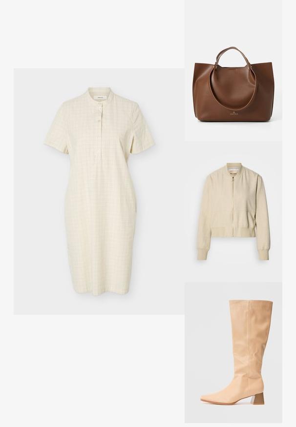 Veste bomber courte beige en tissu léger, avec fermeture éclair frontale, poignets côtelés et texture lisse.; Robe courte à manches courtes couleur crème avec un motif à carreaux discret, col mandarin et patte de boutonnage à l'avant.; Bottes beiges montantes en matériau synthétique lisse, avec un bout carré et un talon bloc orné de rayures horizontales pour la texture.; Sac fourre-tout en cuir brun avec une texture lisse, de grandes poignées circulaires, présentant un design minimaliste et un logo embossé à la base.