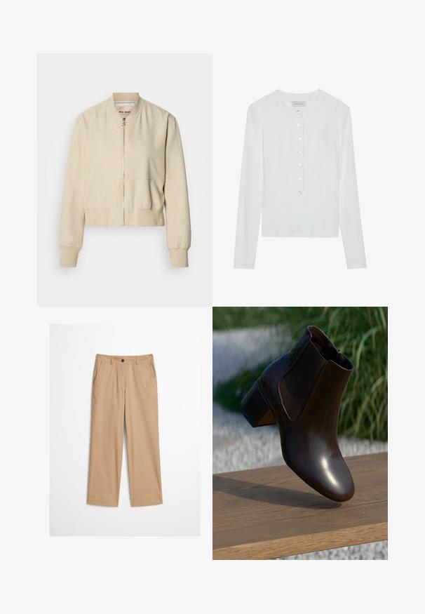 Veste bomber courte beige en tissu léger, avec fermeture éclair frontale, poignets côtelés et texture lisse.; Haut à manches longues blanc en tissu côtelé, avec un col rond et un devant boutonné comportant six boutons transparents.; Pantalon beige en coton avec jambes droites, fermeture à bouton sur le devant et texture lisse. Comprend des passants de ceinture standard et un design à l'avant plat.; Bottine en cuir marron avec un bout rond et un petit talon block, dotée de panneaux latéraux élastiques et d'une finition lisse et brillante.
