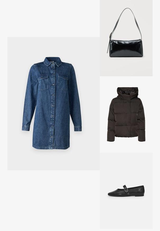 Zwarte donzen jas met een hoge kraag, doorgestikt ontwerp en een vierkante vorm. Gemaakt van glad, lichtgewicht materiaal voor warmte.; Denim jurk in donkerblauw. Voorzien van lange mouwen, een knoopsluiting aan de voorkant, twee borstzakken en een klassieke kraag. Casual pasvorm.; Zwarte leren platte schoen met een ronde neus, een enkele verstelbare gespsluiting en een gladde, glanzende textuur. Minimalistisch ontwerp met een lage hak.; Zwarte rechthoekige schoudertas met een enkele verstelbare band en een bovenste ritssluiting op een effen achtergrond.