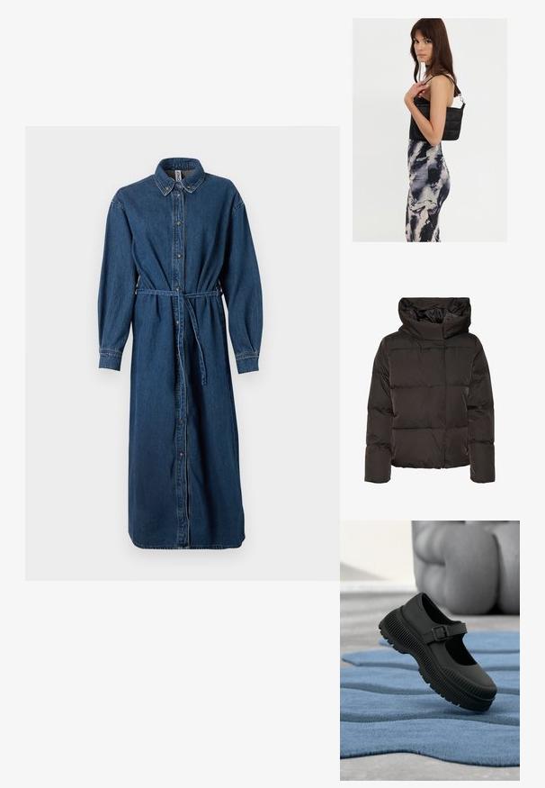 Sort dunjakke med høj krave, quiltet design og en firkantet facon. Fremstillet af glat, let materiale for varme.; Denim skjorte kjole i mørkeblå, med knaplukning foran, krave, lange ærmer, elastisk talje med en matchende bælte og side lommer.; Sort Mary Jane-stil sko med tyk ribbet sål og spænde, hvilende på tekstureret blåt tæppe med sløret baggrund.; Sort quiltet skuldertaske med en enkelt rem og sølvhardware, parret med en tætsiddende kjole med tie-dye mønster i nuancer af sort og creme.