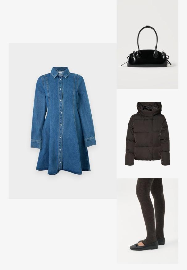 Sort dunjakke med høj krave, quiltet design og en firkantet facon. Fremstillet af glat, let materiale for varme.; Blå denim kjole med lange ærmer, krave, knaplukning foran og sømdetaljer, der flaner let ved kanten.; Ben iført mørke ribbede leggings kombineret med sorte balletsko med små sløjfedetaljer på hvid baggrund.; Lille sort blank håndtaske med to lange håndtag og snøre-detaljer i siden på en ensfarvet lys baggrund.