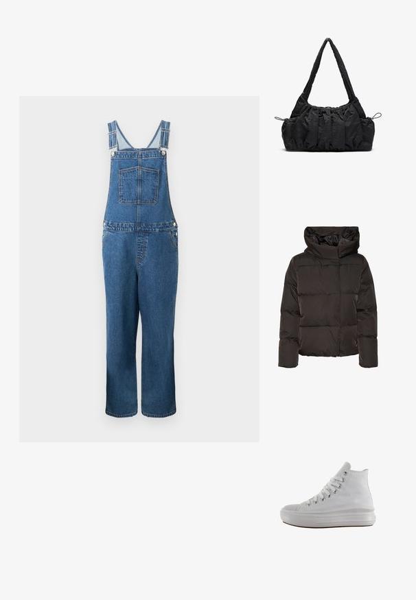 Sort dunjakke med høj krave, quiltet design og en firkantet facon. Fremstillet af glat, let materiale for varme.; Denim overalls med justerbare stropper, en frontlomme og sidelommer. Farven er en mellemblå med en let falmet struktur.; Hvid højt canvas sneaksko med hvide snørebånd, metaløjer, tyk gummisål og tekstureret tåhætte, vendt mod venstre på en hvid baggrund.; Sort stof handbag med samlede strukturer, to skulderremme og snorelukning i siderne. Glat, let materiale.