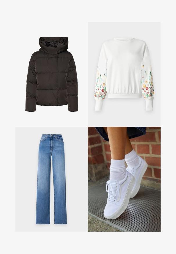 Schwarze Steppjacke mit hohem Kragen, gesteppter Optik und kastiger Form. Hergestellt aus glattem, leichtem Material für Wärme.; Weißes Sweatshirt mit rundem Ausschnitt und gerippten Bündchen, das farbenfrohe Blumenstickerei an den Ärmeln in verschiedenen Farbtönen aufweist.; Helleblaue, weit geschnittene Jeans aus Denim mit hoher Taille, Vorderaschen und einem normalen Knopfverschluss. Glatte Textur.; Weiße Leinensneaker mit Gummisohlen, ausgestattet mit sechs Ösen, runder Zehenpartie und dezenten Nähten, kombiniert mit weißen Knöchelsocken.