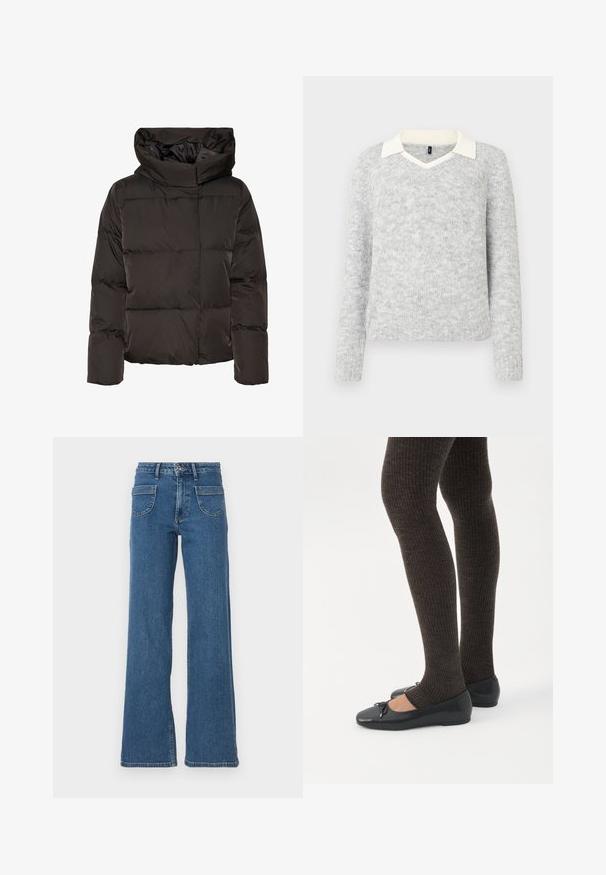 Sort dunjakke med høj krave, quiltet design og en firkantet facon. Fremstillet af glat, let materiale for varme.; Lys grå strikket sweater med lange ærmer og detaljer med hvid V-halskrave, ribbet kant og manchetter, vist på hvid baggrund.; Blå denim brede ben jeans med høj talje, fem lommer, frontknaplukning og en let falmet finish. Syede kanter og sømme er synlige.; Ben iført mørke ribbede leggings kombineret med sorte balletsko med små sløjfedetaljer på hvid baggrund.