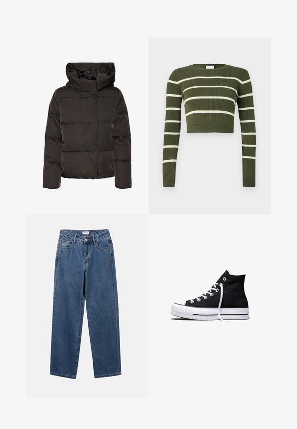 Sort dunjakke med høj krave, quiltet design og en firkantet facon. Fremstillet af glat, let materiale for varme.; Olivengrøn ribbet cropped sweater med hvide horisontale striber, rund halsudskæring og lange ærmer. Tekstureret stof med tætsiddende design.; Klassiske blå denimbukser med lige ben, fem lommer og knaplukning. Har en medium vask og en robust tekstur.; Sort high-top canvas sneaker med hvid gummisål og hvide snørebånd, vist fra siden mod en hvid baggrund.