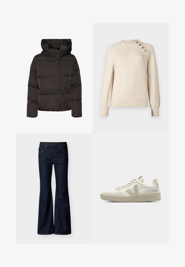 Sort dunjakke med høj krave, quiltet design og en firkantet facon. Fremstillet af glat, let materiale for varme.; Cremefarvet strikket sweater med rund halsudskæring, ribbede mansjetter og dekorative knapdetaljer langs den ene skulder. Blød tekstur, afslappet pasform.; Mørkeblå denimjeans med vide ben, frontknap og lynlås, samt fem-lomme-design med kontrastsyning.; Hvid sneaker med beige accenter, tekstureret overdel, rund tå og tonet syning. Har en polstret sål og 'V' logo på siden.