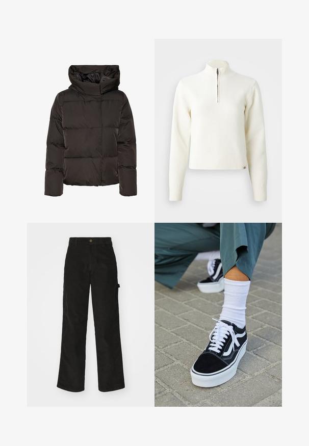 Sort dunjakke med høj krave, quiltet design og en firkantet facon. Fremstillet af glat, let materiale for varme.; Hvid, sweater med lynlås ved halsen og lange ærmer. Lavet af et blødt strikmateriale, med ribbede manchetter og kant. Diskret mærke-logo ved kanten.; Sorte kordfløjsbukser med et lige ben-design, der har en knaplukning og sidelommer. Glat tekstur med fine lodrette striber.; Sorte ruskinds sneakers med hvide accenter og snørebånd, der har en tyk hvid sål og kontrasterende syninger, parret med en hvid sok.