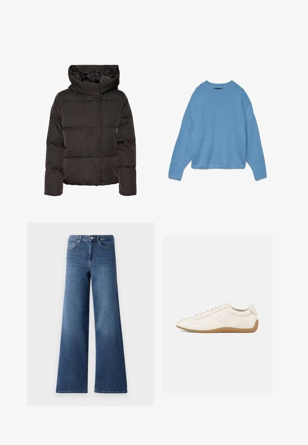 Sort dunjakke med høj krave, quiltet design og en firkantet facon. Fremstillet af glat, let materiale for varme.; Lyseblå strikket sweater med rund halsudskæring, drop shoulder design og ribstrikkede manchetter og søm. Blød tekstur, afslappet pasform.; Bredde ben blå denimjeans med en standard talje, forlommer og en glat tekstur. Ingen synlige mønstre eller udsmykninger.; Hvid lædersneaker med en glat tekstur, rund tå og tonale syninger. Har en tanfarvet gummisål og snørebånds-lukning.