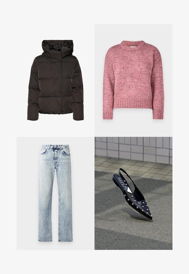 Sort dunjakke med høj krave, quiltet design og en firkantet facon. Fremstillet af glat, let materiale for varme.; Lys lyserød strikket sweater med rund hals, rib-strikkede manchetter og kant, prydet med et struktureret mønster og stik af mørkere lyserød.; Lys blå denimjeans med en lige ben-design. Funktioner inkluderer fem lommer, bæltestropper og en frynset kant forneden.; Sort spids slingback-sko lavet af glat materiale, med sølvnitter, flad sål og logo på indersålen.