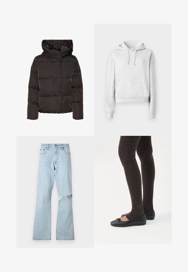Veste matelassée noire avec col montant, design matelassé et forme carrée. Fabriquée en matériau lisse et léger pour plus de chaleur.; Sweat à capuche gris clair à manches longues avec poche avant, capuche à cordon, poignets et ourlet côtelés, présenté sur un fond blanc uni.; Jean en denim bleu clair avec un design évasé, présentant un patch usé au genou et des poches avant classiques.; Jambes portant des leggings côtelés foncés associés à des ballerines noires avec de petits détails en nœud sur fond blanc.