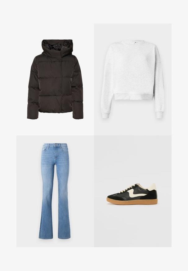 Sort dunjakke med høj krave, quiltet design og en firkantet facon. Fremstillet af glat, let materiale for varme.; Grå bomulds sweatshirts med rund halsudskæring, dropped skuldre og ribbetræk. Har en cropped kant og blødt, tekstureret stof.; Lysblå flagrende jeans med mellemhøj talje, klassisk fem-lomme design og subtil fading langs benene. Denim stoftekstur.; Sorte ruskinds- og lædersneakers med en cremefarvet side-swoosh og lys cremefarvet hæl. Har beige snørebånd og en gummirubber-sål.