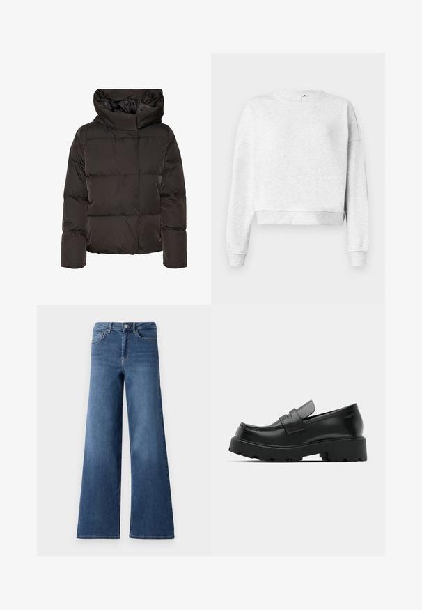 Sort dunjakke med høj krave, quiltet design og en firkantet facon. Fremstillet af glat, let materiale for varme.; Grå bomulds sweatshirts med rund halsudskæring, dropped skuldre og ribbetræk. Har en cropped kant og blødt, tekstureret stof.; Bredde ben blå denimjeans med en standard talje, forlommer og en glat tekstur. Ingen synlige mønstre eller udsmykninger.; Sorte læder loafers med en chunky tekstureret sål, der har en rem over vamps og en glat, poleret finish.