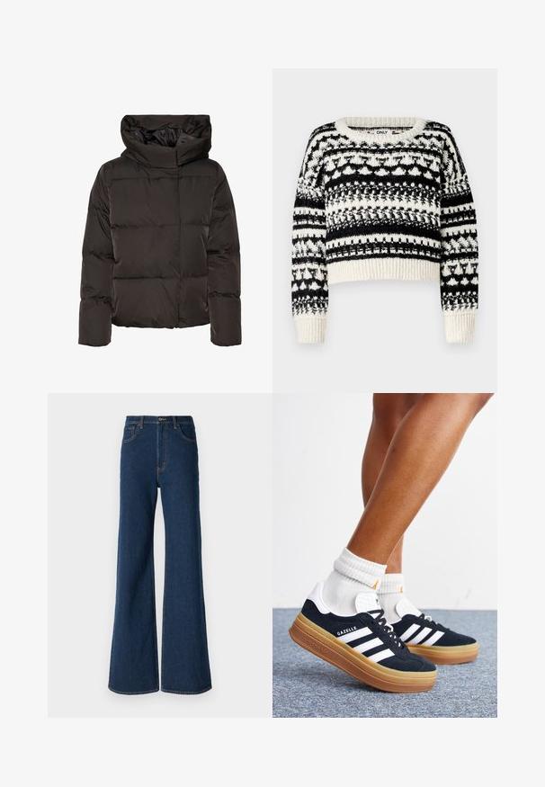 Schwarze Steppjacke mit hohem Kragen, gesteppter Optik und kastiger Form. Hergestellt aus glattem, leichtem Material für Wärme.; ONLY ONLALAIA LIFE O NECK - Strickpullover - birch/black; Abercrombie & Fitch Jeans Relaxed Fit - rinse; Beine mit weißen Socken und schwarzen Adidas Gazelle Sneakers mit weißen Streifen und dicken braunen Sohlen auf einem grauen Teppichboden.