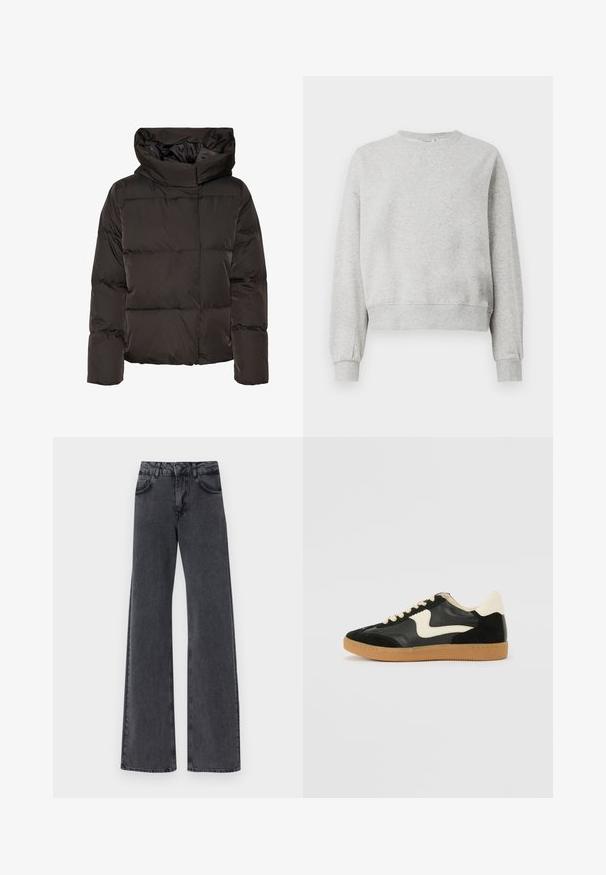 Veste matelassée noire avec col montant, design matelassé et forme carrée. Fabriquée en matériau lisse et léger pour plus de chaleur.; Sweatshirt gris en tissu doux, avec un col rond, des poignets côtelés et une coupe courte. Texture lisse avec des détails de design minimaux.; Jean flare en denim noir avec taille haute, présentant deux poches avant et des détails de couture subtils le long des coutures.; Baskets en daim et cuir noir avec un swoosh latéral crème et un talon crème clair. Dotées de lacets beige et d'une semelle en caoutchouc gomme.