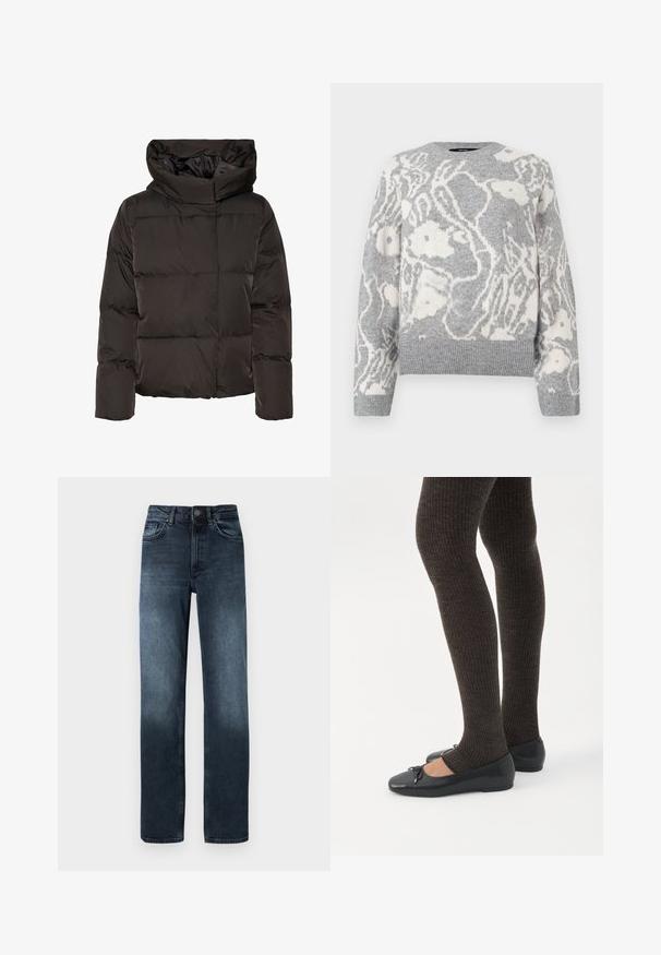 Sort dunjakke med høj krave, quiltet design og en firkantet facon. Fremstillet af glat, let materiale for varme.; Grå strikket sweater med et hvidt blomstermønster, rund halsudskæring og ribbede manchetter og kant, fremstillet af blødt materiale.; Mørkeblå denim jeans med lige ben, fem lommer og lukning med frontknap. Har falmede detaljer nær kanten.; Ben iført mørke ribbede leggings kombineret med sorte balletsko med små sløjfedetaljer på hvid baggrund.