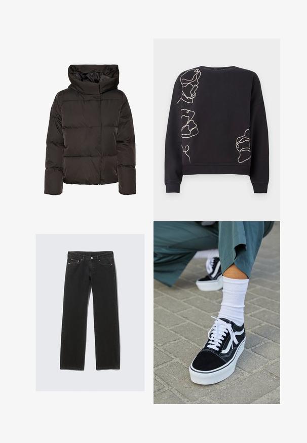 Sort dunjakke med høj krave, quiltet design og en firkantet facon. Fremstillet af glat, let materiale for varme.; Sort langærmet sweatshirt med beige abstrakte kontinuerlige linje blomsterdesigns på venstre skulder, nederste højre side og venstre side.; Sorte straight-leg denim jeans med fem lommer, knaplukning og bæltestropper, vist fladt på en lys baggrund.; Sorte ruskinds sneakers med hvide accenter og snørebånd, der har en tyk hvid sål og kontrasterende syninger, parret med en hvid sok.